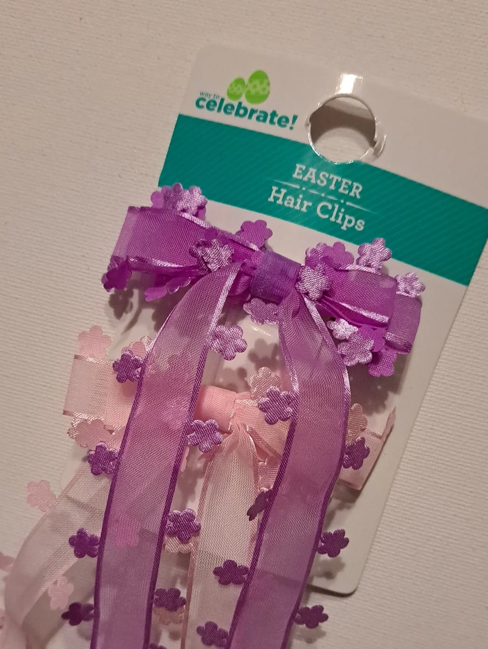 NWT Way To Celebrate! Easter Ribbon Bow Flower Hair Clips Purple & Pink